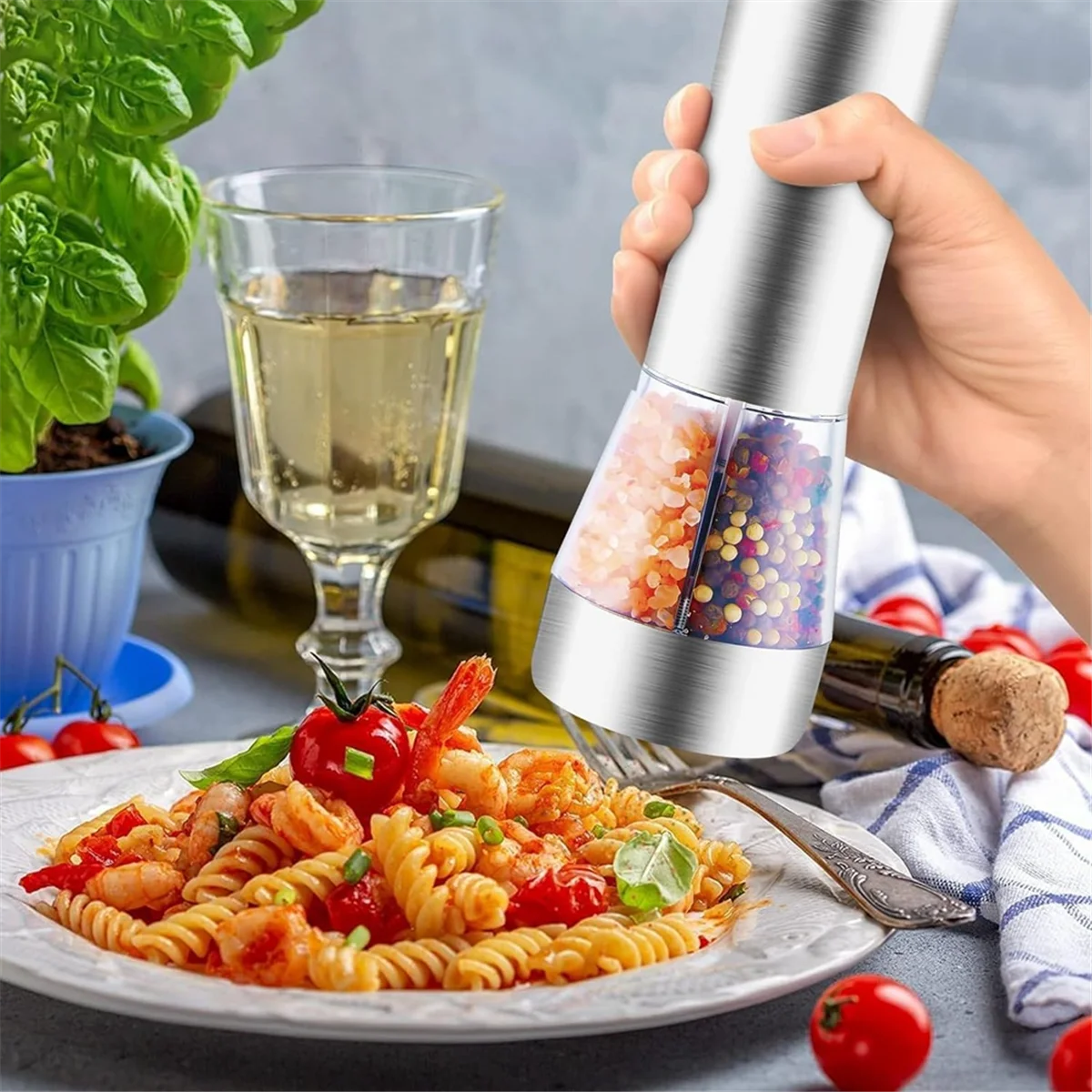 مجموعة مطحنة الملح والفلفل الكهربائية، مطحنة الملح والفلفل الكهربائية 2 في 1 قابلة لإعادة الملء مع خشونة قابلة للتعديل