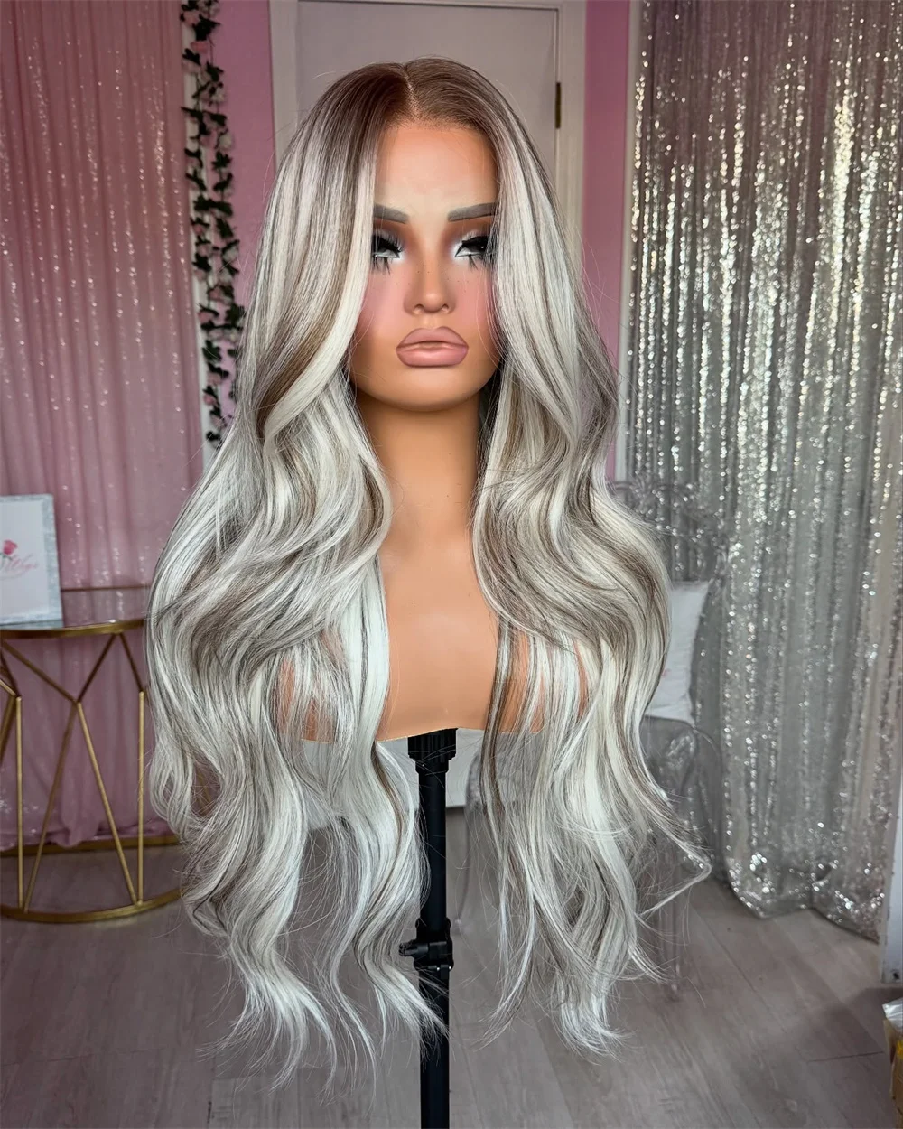 Platinum Ash Blonde Balayage Loose Wave Wig High Heat Synthetic HD Lace Front Wig 13x4 Glueless Dark Roots Premium Fiber