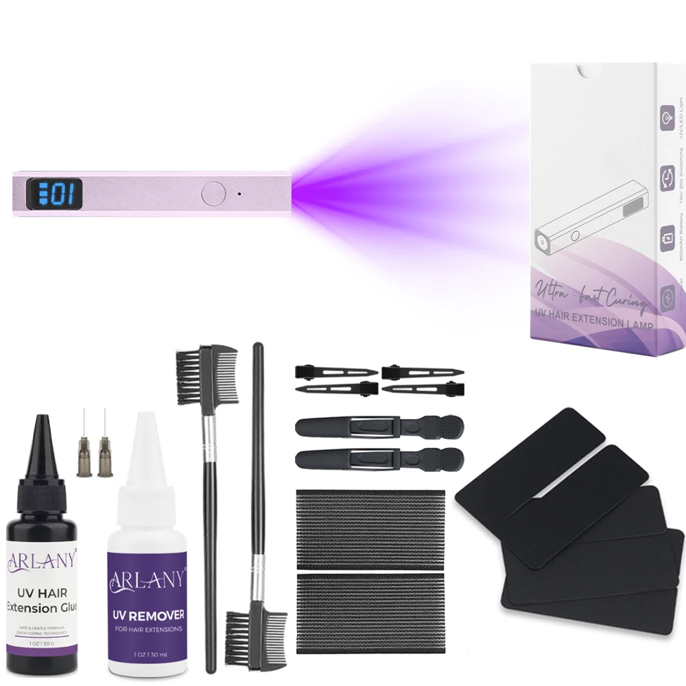 arlany-lampe-uv-kit-d'outils-d'extension-de-cheveux-extensions-invisibles-30g-colle-uv-pour-cheveux-avec-dissolvant-de-colle-protection-anti-uv-ensemble-de-cheveux-uv
