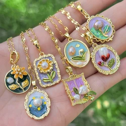 Flashbuy Women's Stainless Steel Necklace with Inlaid Pearl Irregular Oval Pendant Drip Oil Enamel Art Charm Jewelry