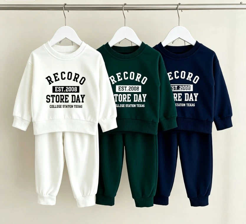 Kids RECORO EST 2008 Letter Print Two Piece Tracksuit Boys Girls Crewneck Sweatshirt And Elastic Cuff Jogger Pants Soft Wear Set