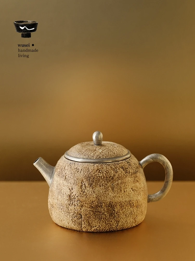 Wusei Retro Stone Pattern Ceramic Tea Pot Ornament Zen Atmosphere Ancient Clay Silver Plated Half Moon Pot Thick Clay Texture