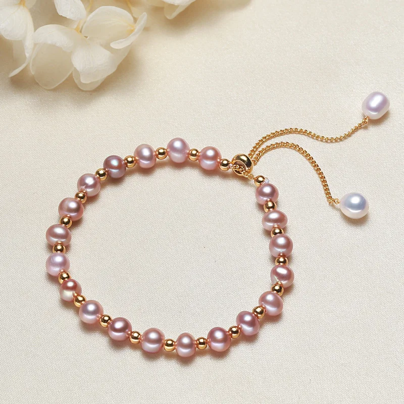 

Real 18K Gold pearl Bracelet with Natural Freshwater White Pink Pearl Pure Adjustable Chain Fine Jewelry Gifts for Women