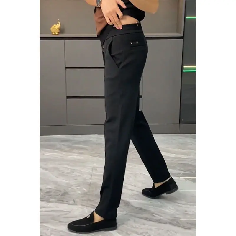 Simplicity Trend Spring Autumn Suit Pants Men Solid Pockets Zipper Smart Casual Office Social Slim Bound Feet Straight Trousers