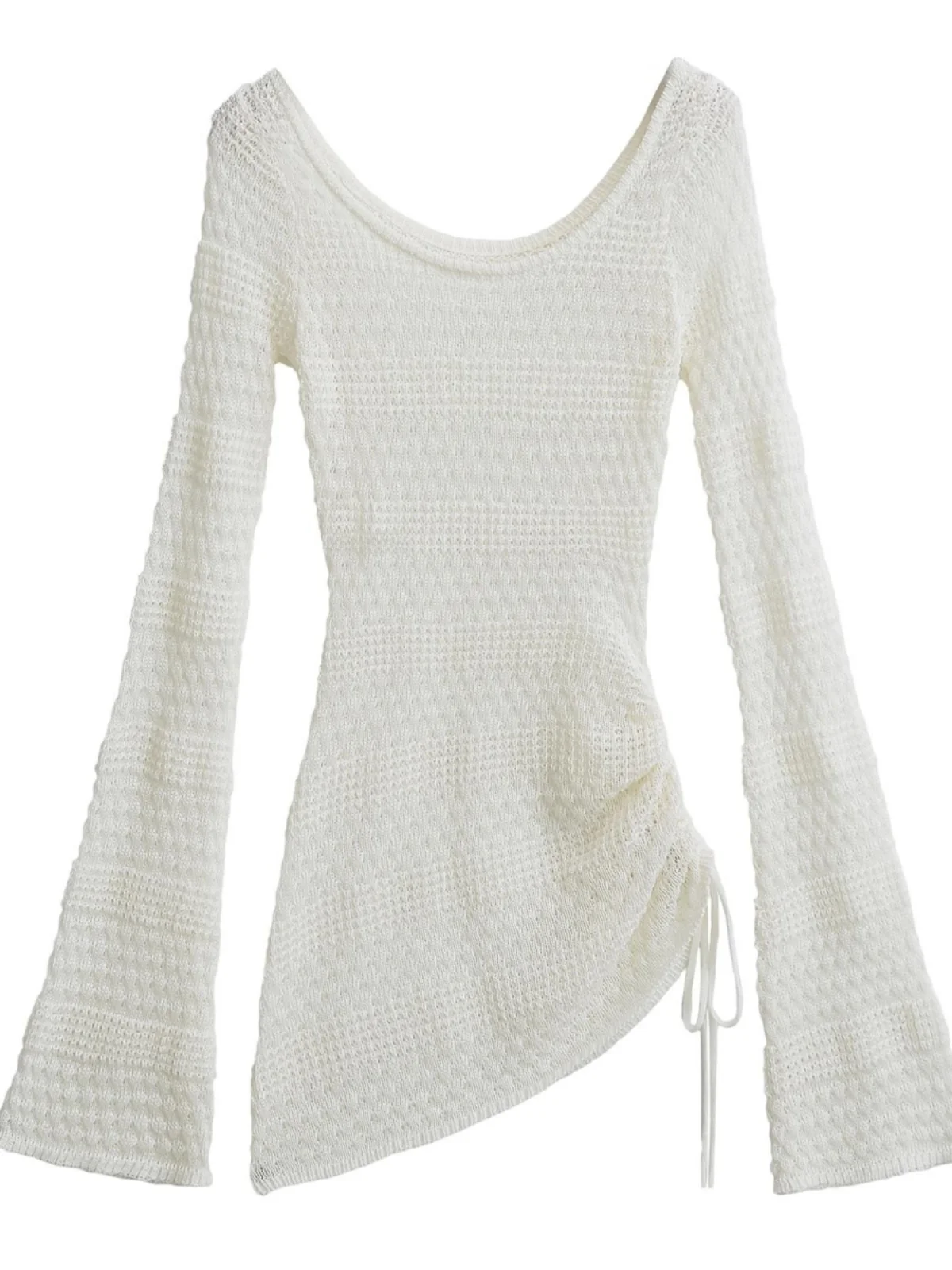 Ladies' White Lace Hollow Knitted Top with Bell Sleeves Comfortable Slimming Waist Drawstring Casual Style Fashionable