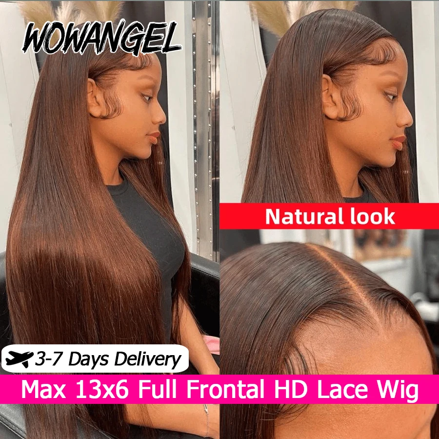 

34 Inch Straight Chocolate Brown Human Hair Wigs 13x6 HD Full Lace Frontal Wig 250% Pre Plucked SkinLike HD Lace Wig For Women