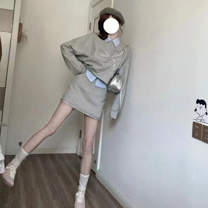 Women's Gray Fake Two-Piece Shirt Collar Hoodie & Mini Skirt 2 Piece Set Casual Sweet Streetwear Outfits 2026