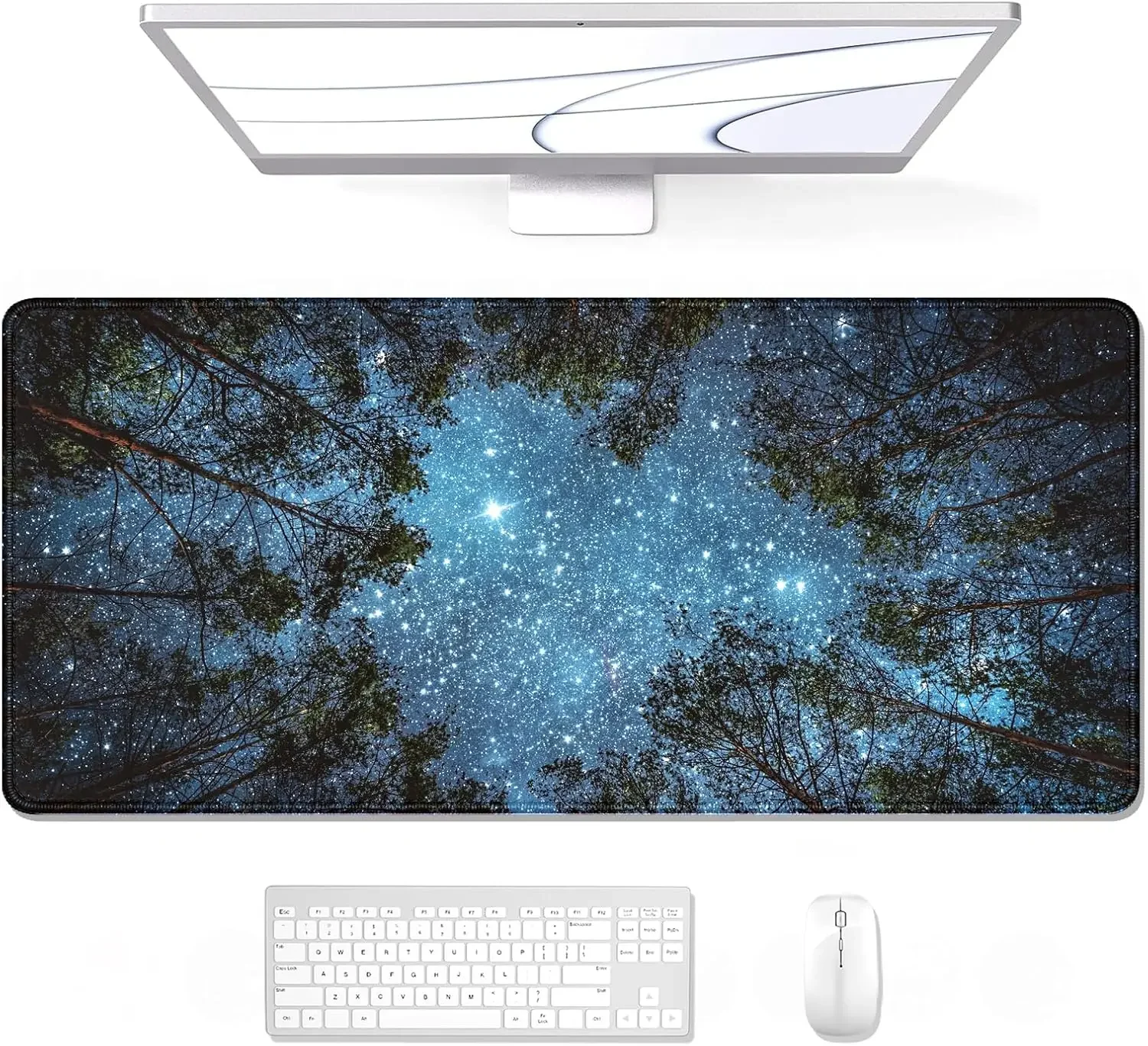 Forest Starry Sky Gaming Mouse Pad, Looking‑up Tree Branches Galaxy Print Smooth Edge Non Slip Mat for Gamers Office Home Mouse