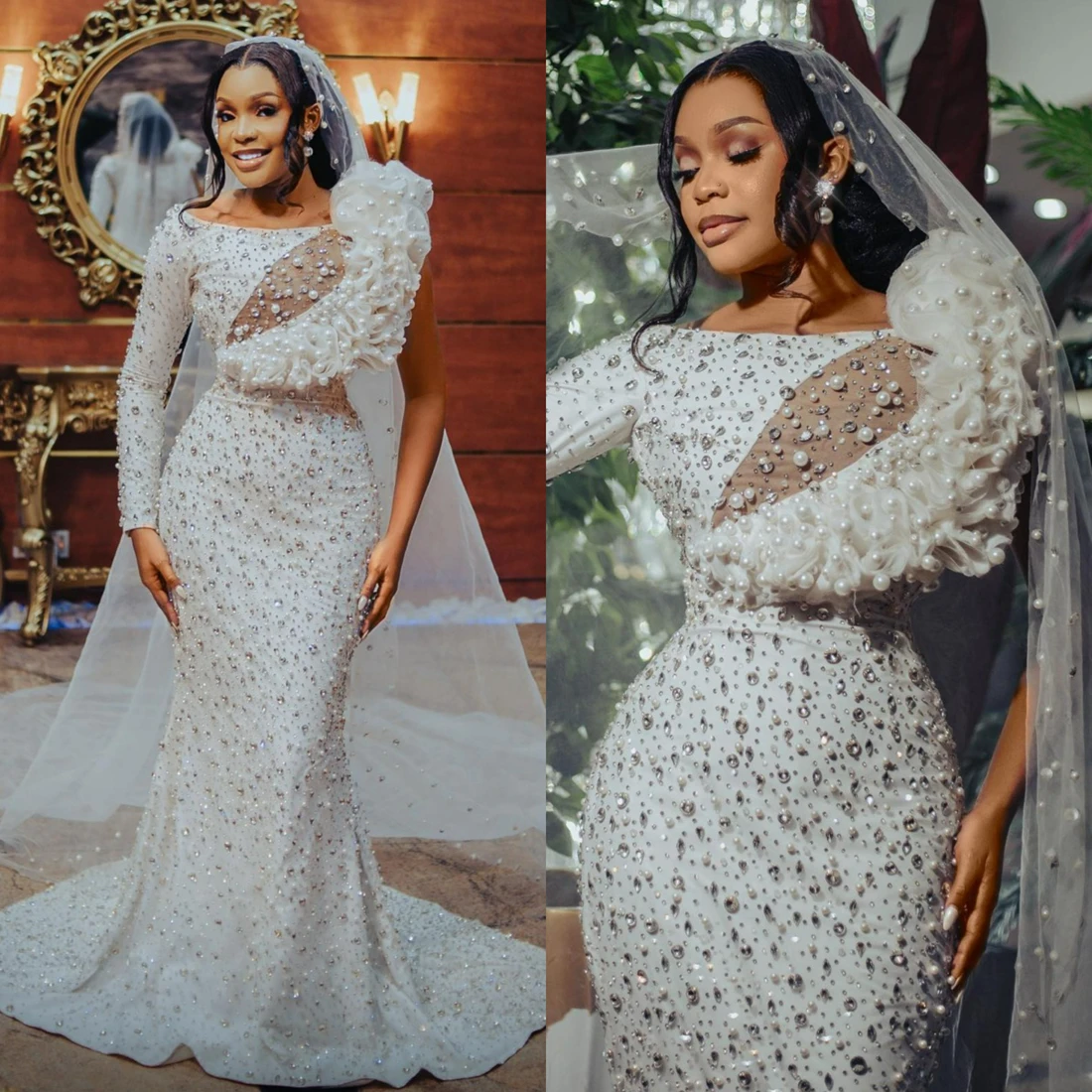 

Customized Scoop Neck Handwork Full Crystals Pearls Wedding Dress For Bride Robe De Mariée Full Sleeves Plus Size Bridal Gown