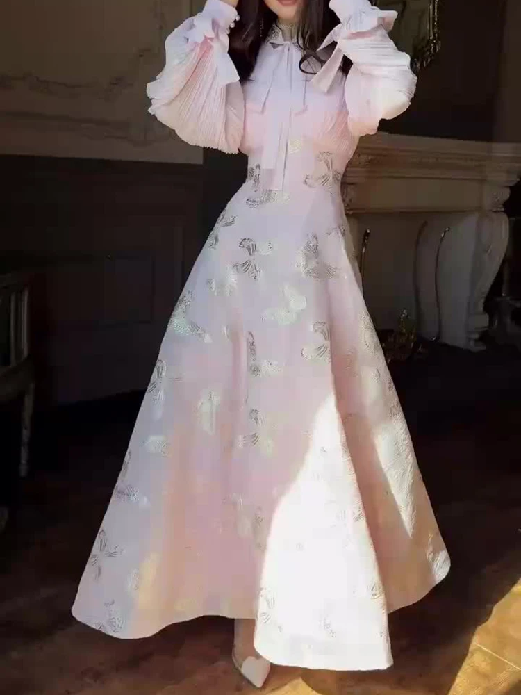 Vestido largo bohe ajustado informal de manga larga para mujer, vestido de fiesta drapeado con estampado de flores a la moda, vestido de vacaciones elegante con cordones y cuello en V