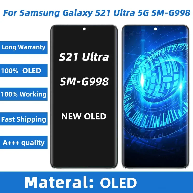 100% Super OLED S21Ultra G998 Display NEW For Samsung Galaxy S21 Ultra LCD With Frame SM-G998F/DS G998B G998U LCD Touch Screen