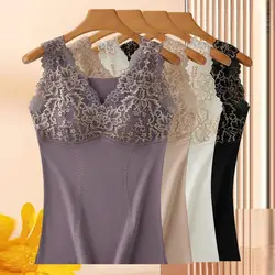 Women Autumn Winter Thermal Vest Plush Sleeveless Flower Embroidery Tank Top V Neck Slim Fit Pullover Bottoming Underwear Top