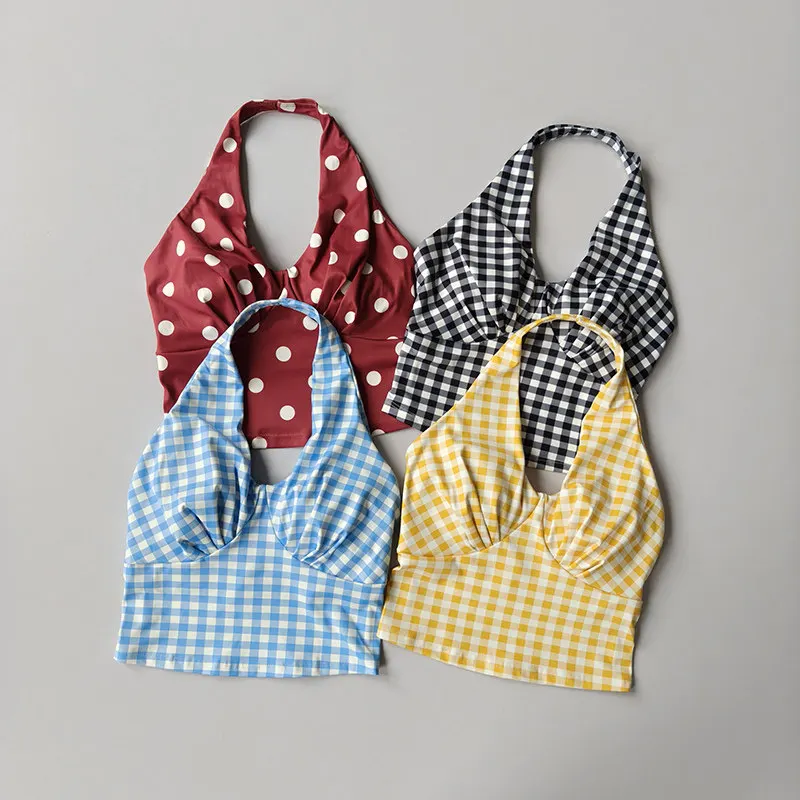 Plaid Halter Neck Tank Top for Women with Fixed Cups, Sexy and Fashionable Sports Bra, Fitness Wear, Outerwear Bra