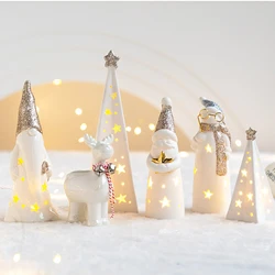 Glowing Ceramic Christmas Tree Light Decoration For Home White Porcelain Christmas House Santa Deer Elk Figurine New Year