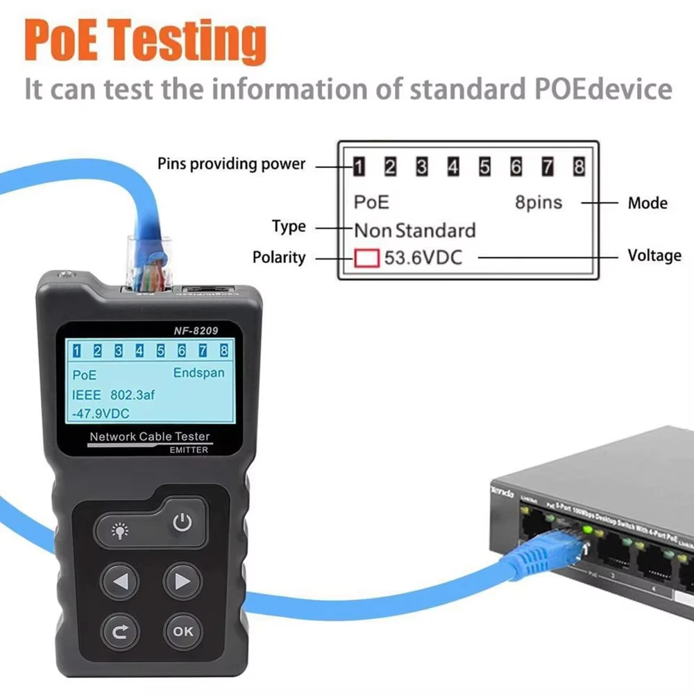 NOYAFA NF-8209 Tester kabli sieciowych Tester mapy przewodów Narzędzia sieciowe Lokalizator kabli Ethernet Sprawdzanie Poe Wyświetlacz LCD Pomiar długości — zdjęcie 5