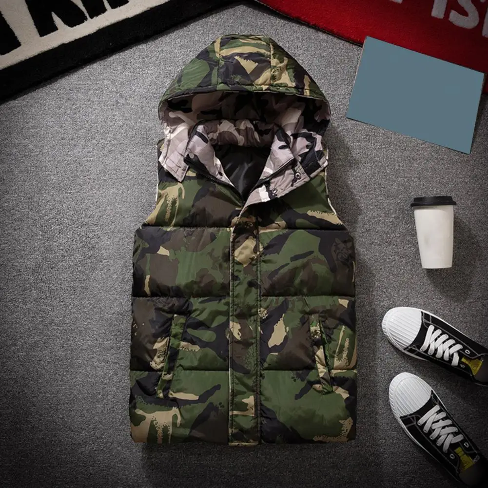 Winter Men Waistcoat Camouflage Thickened Cotton Padded Windproof Zipper Hooded Vest Coat for Daily Wear