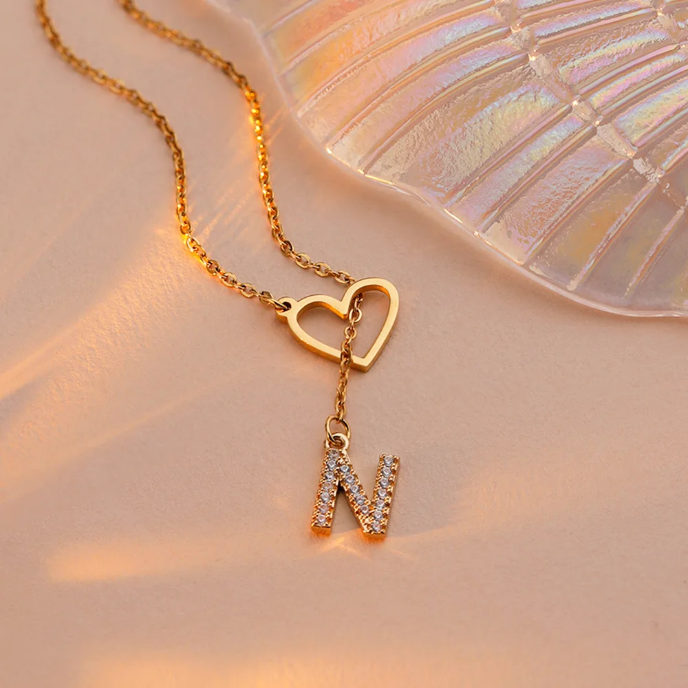 

RoRo Zircon Letter Heart Necklace Stainless Steel Charm A-Z Letters Necklace Women Slim Chain Alphabet Gold Color