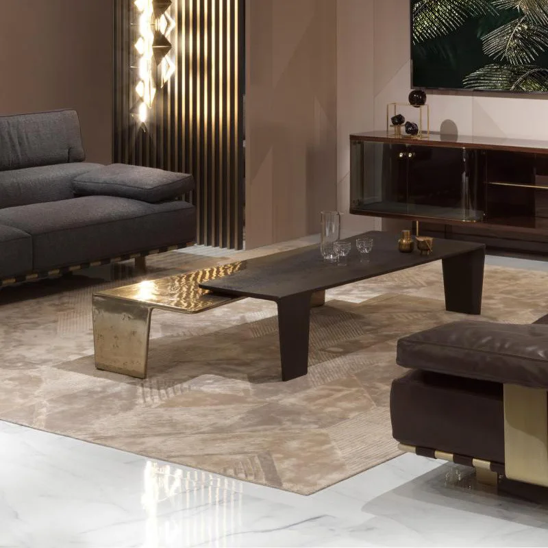Light luxury high and low combination solid wood coffee table modern design sense old hammered stainless steel living room low