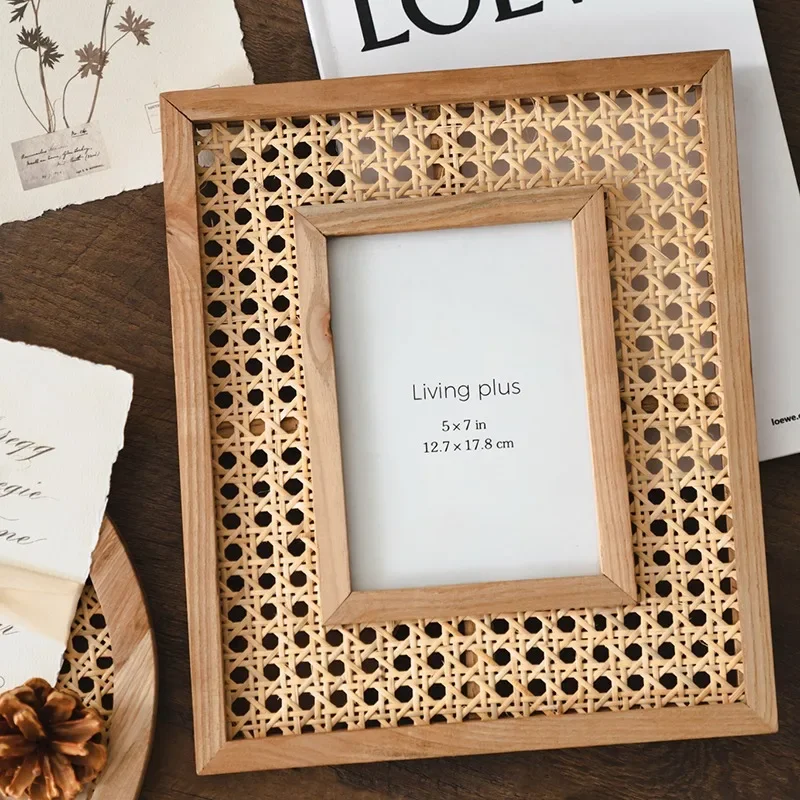

Boho Rattan Picture Frame Wooden Border, Wall Photo Frames for Wall Decoration Rattan Wall Decor
