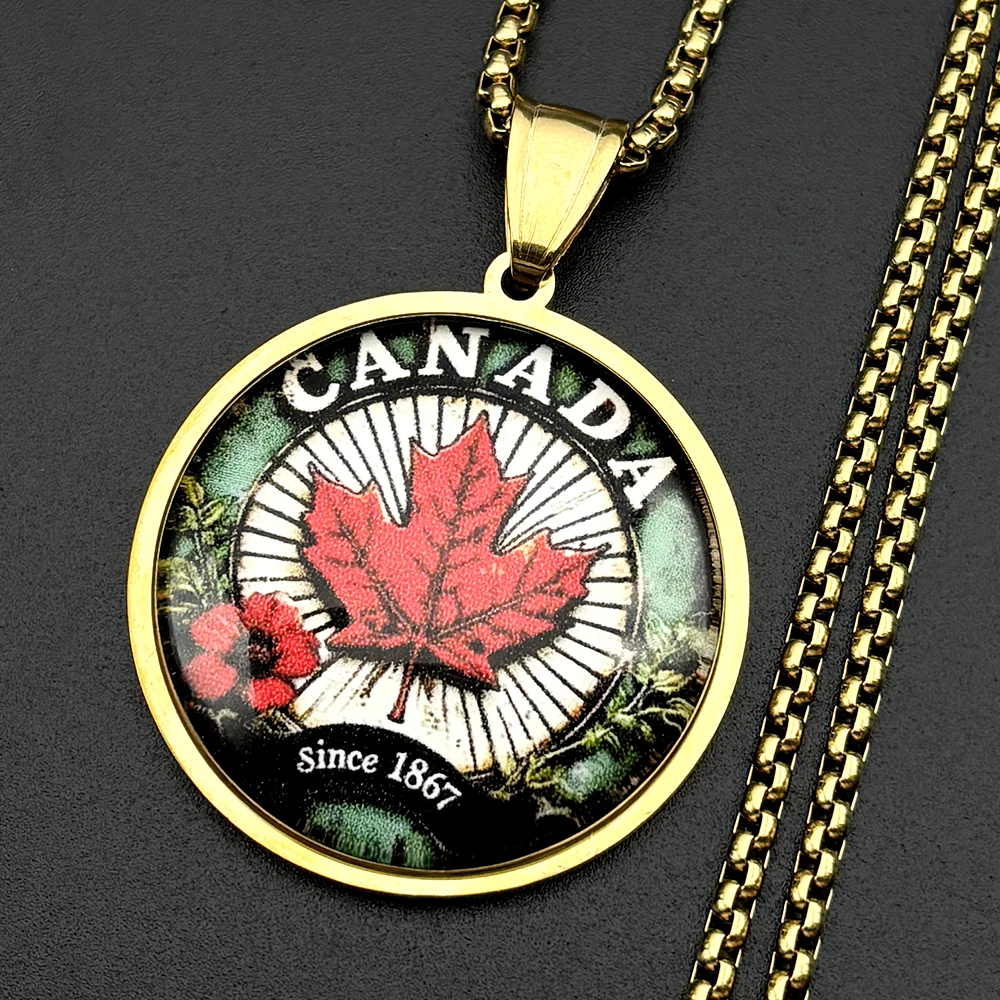 Canada Maple Leaf Pendant Necklace For Women Men Stainless Steel Gold Color Glass Window Peace Culture Flower Chain Jewelry view 3