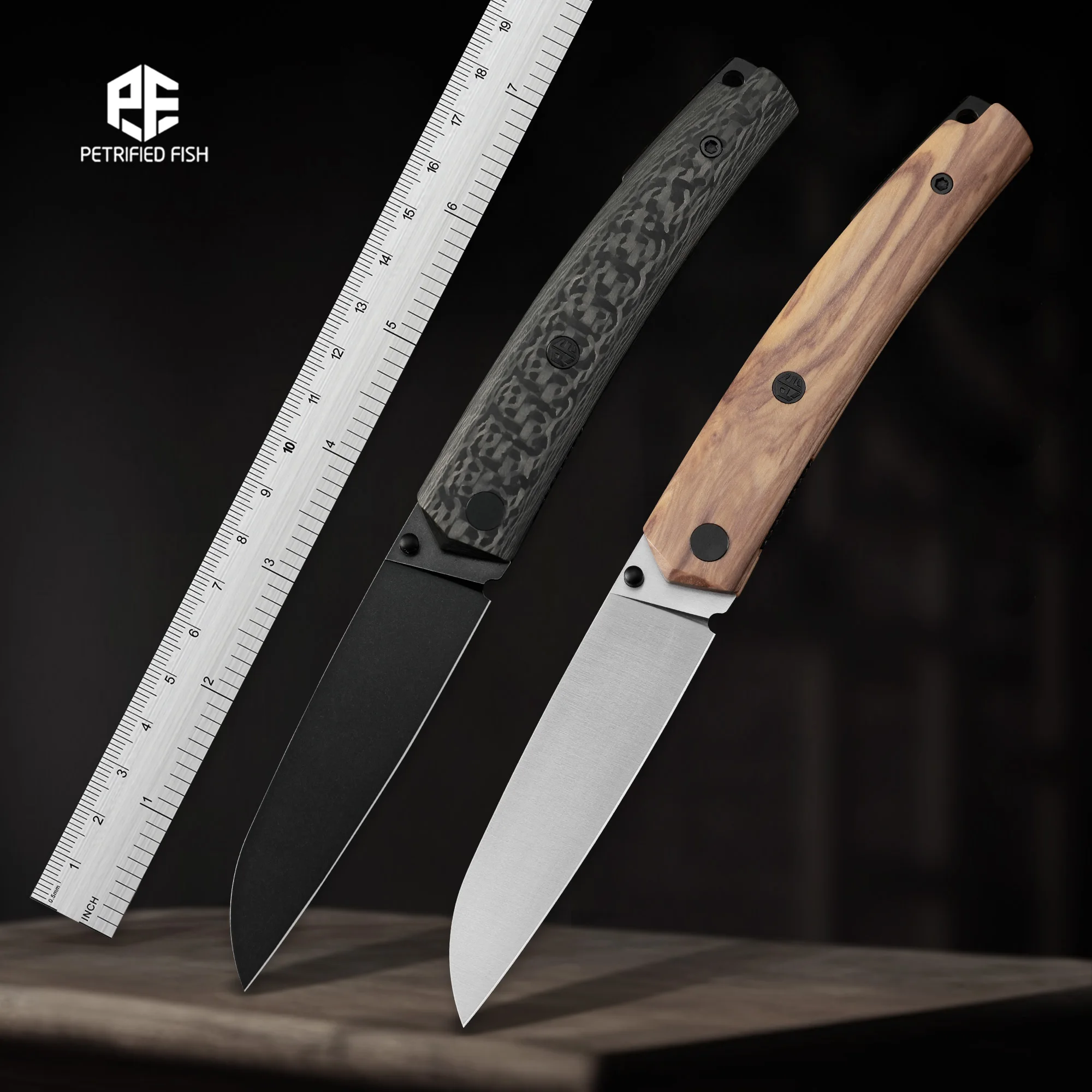 

Petrified Fish PF719 Pocket Folding Knife Tactical Wooden Handle 14C28N Steel Olive Wood Carbon Fiber Outdoor Camping Fish EDC