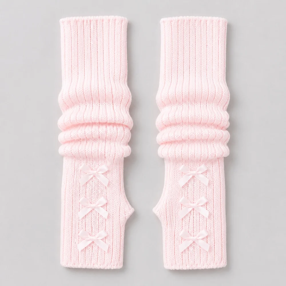 Women's Pink Fingerless Knit Arm Warmers Thumb Holes Three Bow Details Long Arm Sleeves Autumn Winter Cold Weather Layering
