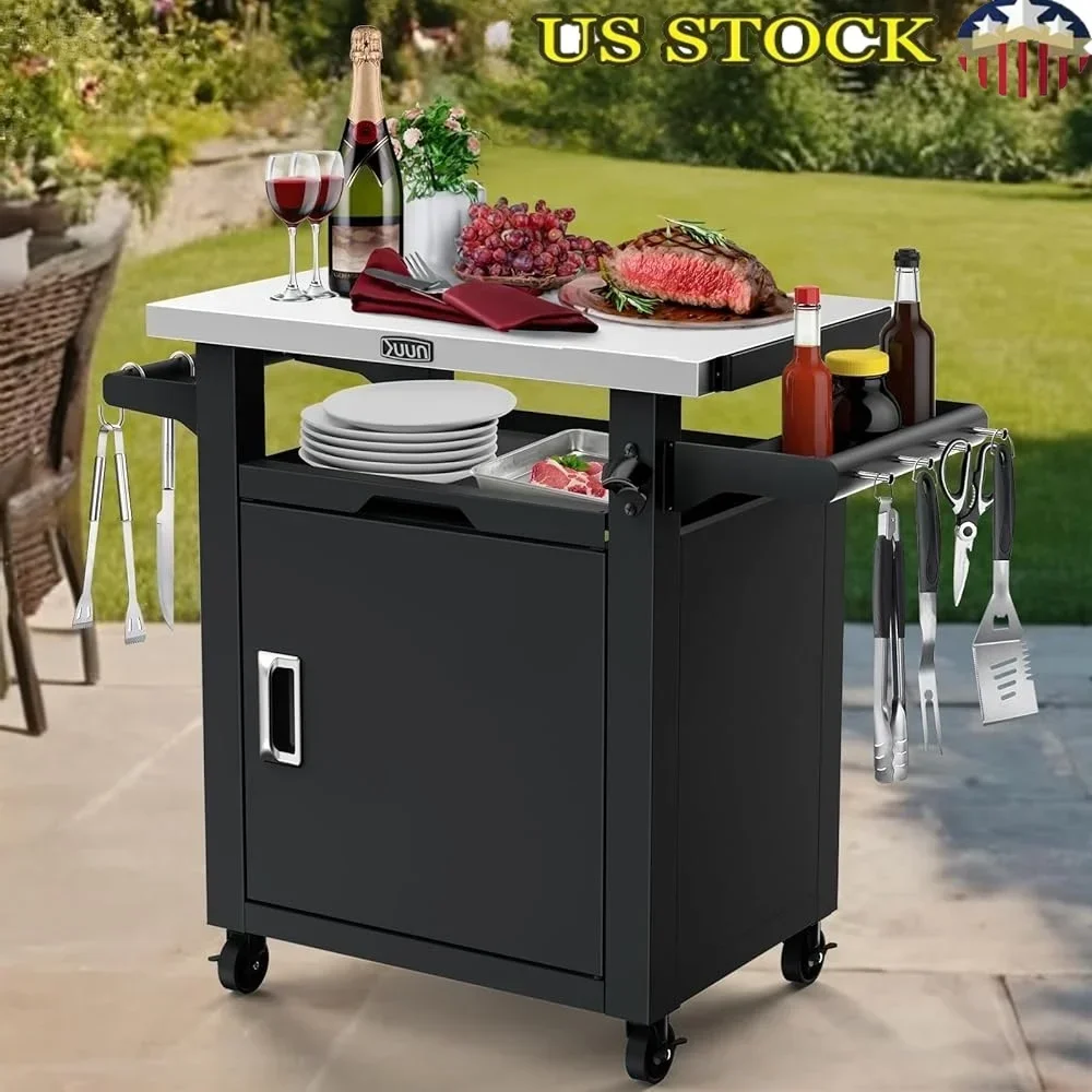 

Outdoor Grill Cart Portable BBQ Station with Enclosed Cabinet Storage Drawer Rolling Patio Bar Cart with Wheels Stainless Steel