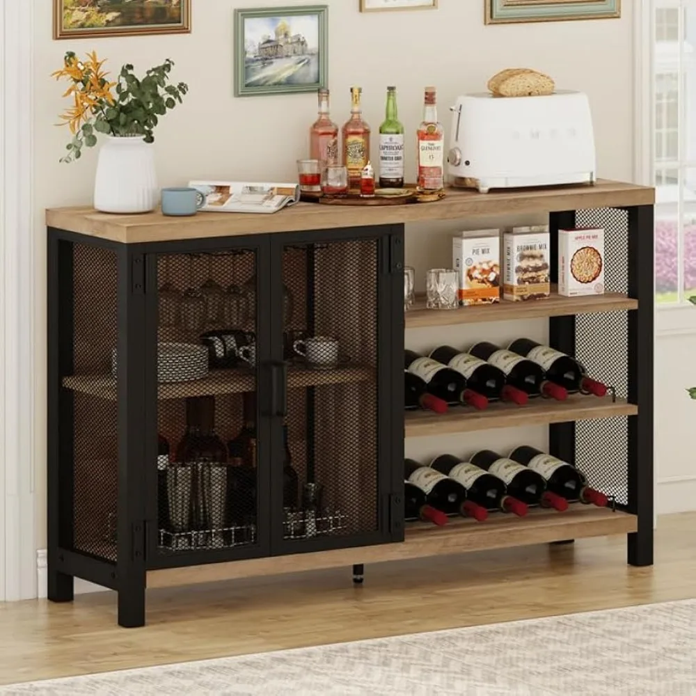 

Industrial Bar Cabinet for Liquor and Glasses, Rustic Wine Cabinet with Doors, Farmhouse Coffee Bar Cabinet with Storage