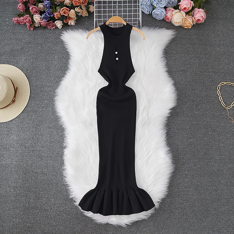 YuooMuoo Women Dress 2024 New Fashion Y2K Hollow Out Sexy Package Hips Ruffles Summer Dress Lady Slim Elastic Knit Party Vestido