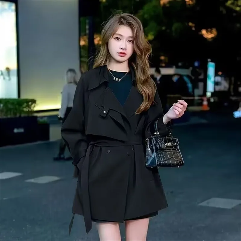 Korean Women Medium Long Styles Lined Top High-end Lady Fashion Windbreaker Coat Autumn Female Trench Jacket