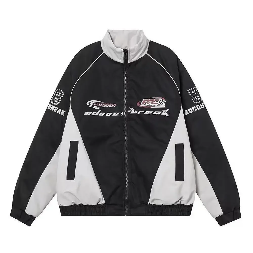 

Men Winter Retro Racing Jacket Women Vintage Color Block Padded Moto Coat Stand Collar Thickened Loose-fit Windproof Outerwear