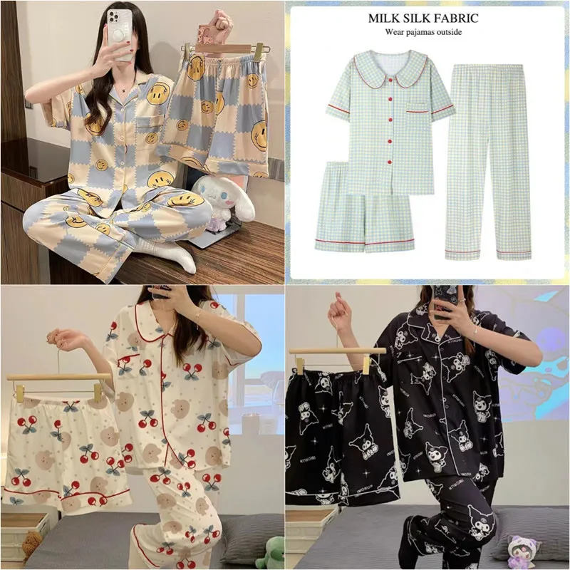 3PCS/Set Women Spring Summer Pajamas Cardigan Fashion Simple Short-Sleeved Sweet Plaid Casual Homewear Cartoon Print Loungewear