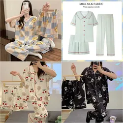 3PCS/Set Women Spring Summer Pajamas Cardigan Fashion Simple Short-Sleeved Sweet Plaid Casual Homewear Cartoon Print Loungewear