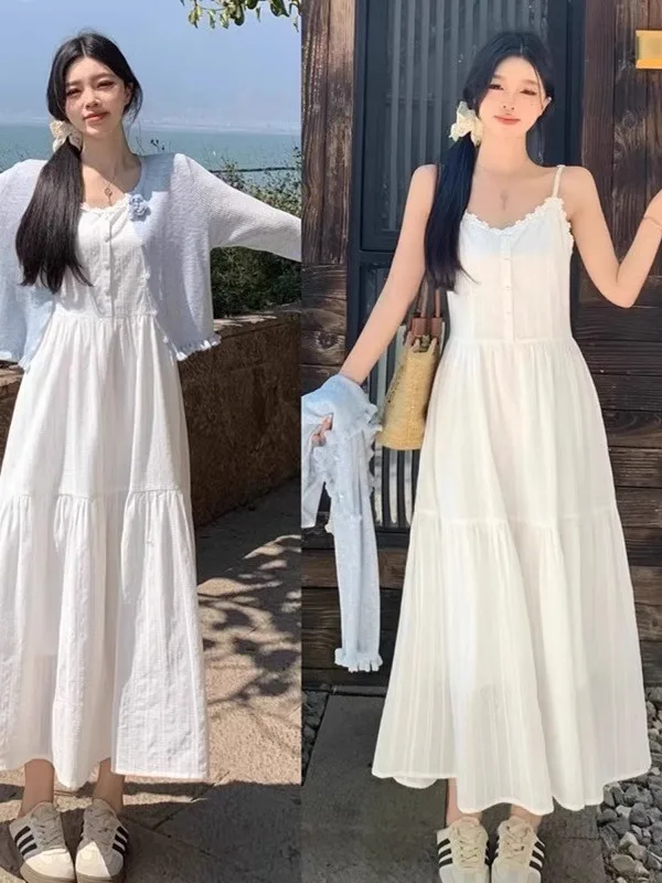 

Ele White Strapl Long Dr Gentle Feel Весна Лето Мягкая французская юбка трапециевидной формы без талии Тонкая юбка