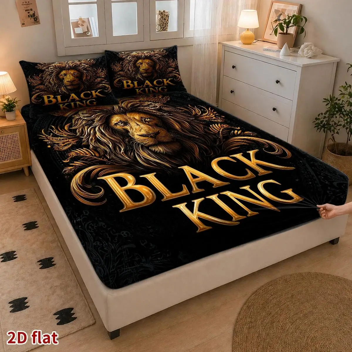 2D Digital Printed Three-Piece Bedding Set (Includes 1 Fitted Sheet + 2 Pillowcases) Mattress Protector, Fitted Elastic Style, Protective Cover, 2D Flat Priting, Mattress Protector, Black and Gold Lion King Theme, Baroque Luxury Style, Halloween, Suitable for All Seasons, Machine Washable Design, Holiday Decoration, Various Sizes, Breathable Protective Cover Plus Pillowcase