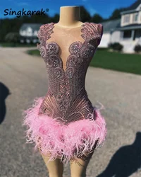 Glitter Pink Diamonds Prom Dresses 2024 Sparkly Beads Crystal Feathers Senior Birthday Cocktail Party Homecoming Gown Customized