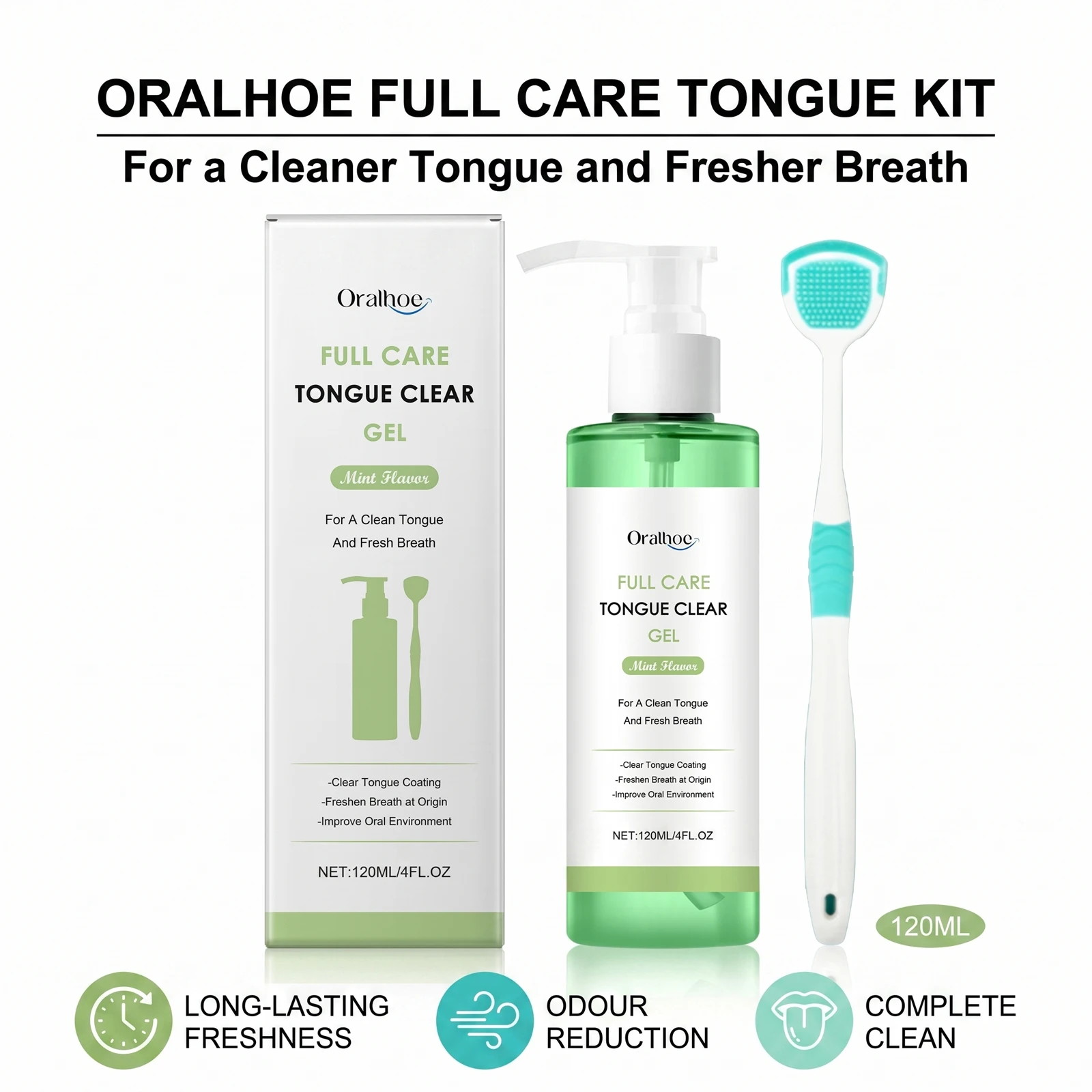 Tongue Clear Gel Kit Remove Tongue Coating Eliminate Bad Breath Mint Tongue Cleaning Gel with Soft Silicone Tongue Scraper Brush