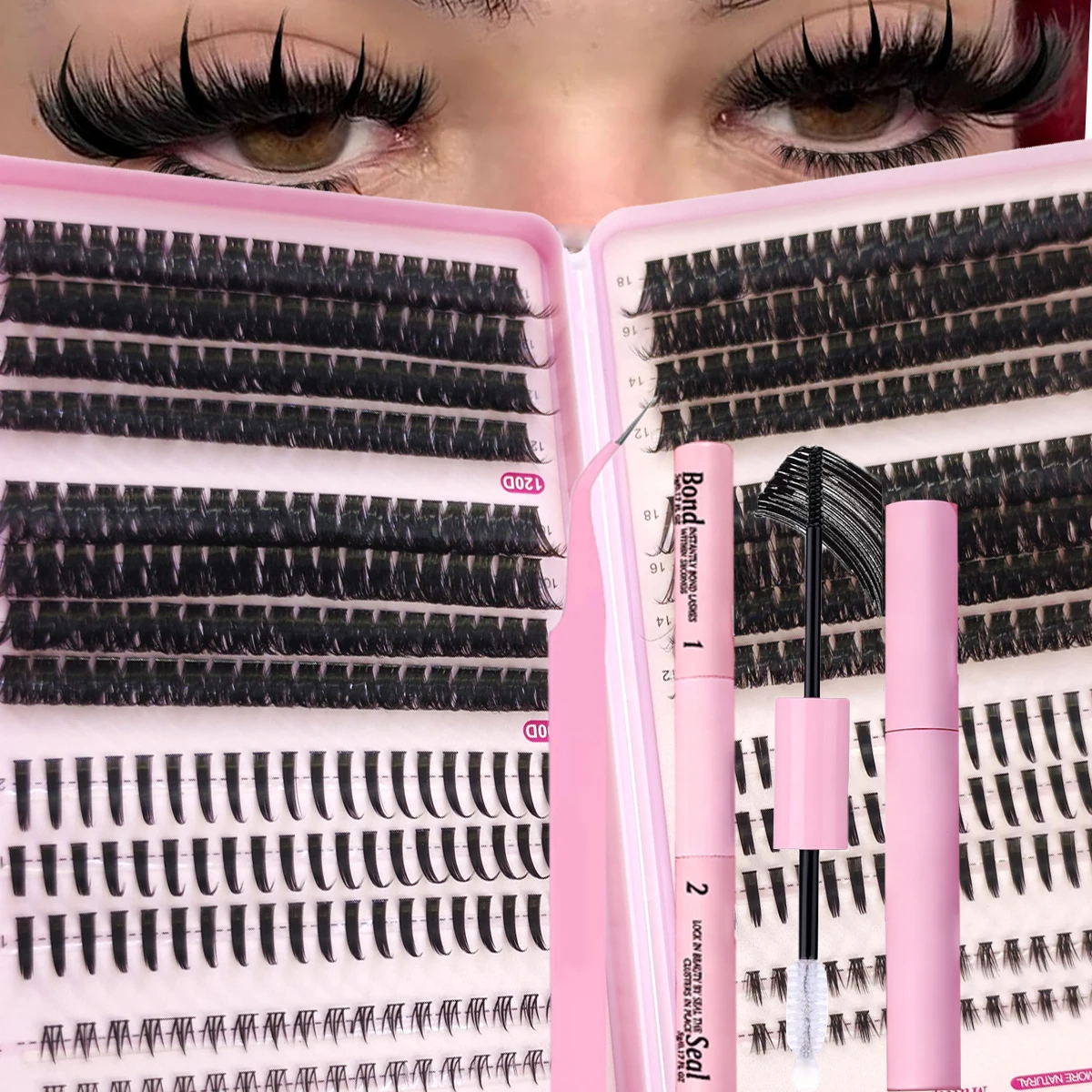 DIY Lash Extension Lash Clusters Individual Explosive eyelashes with Bond&Seal Remover Tweezers Lash Brush for Self Application