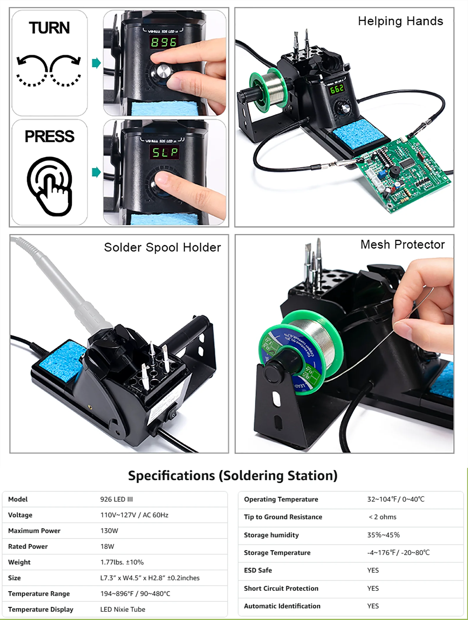926LED-III Digital Soldering Station 194-896°F PID Fast Heating Helping Hands So