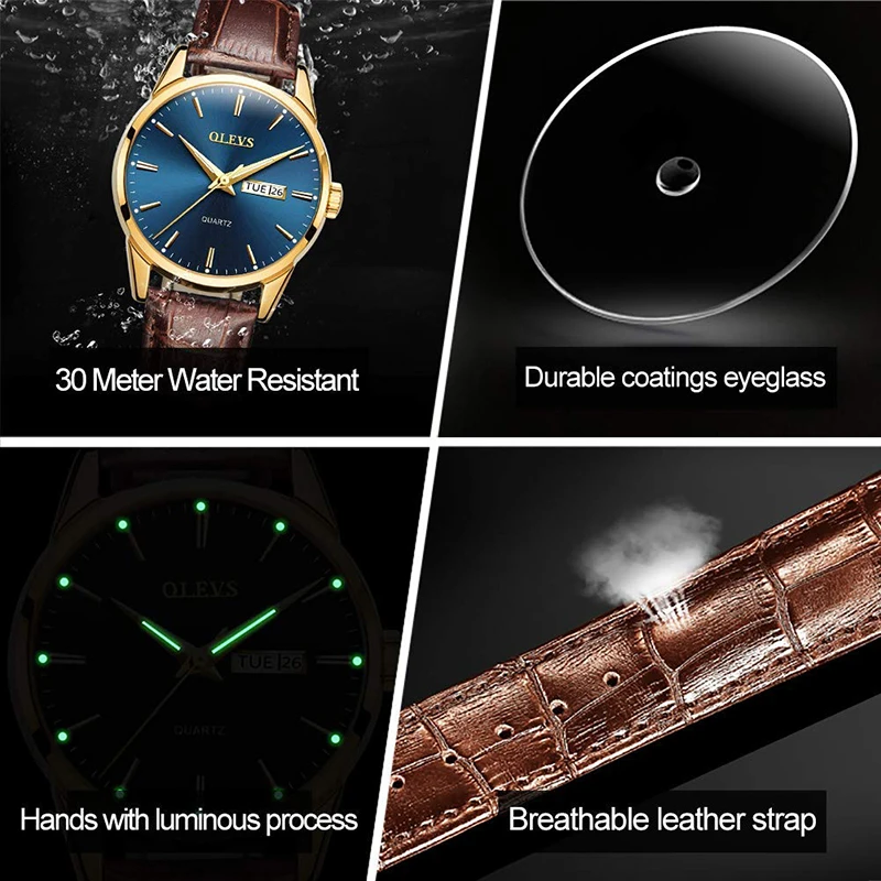 OLEVS-reloj de cuarzo para hombre, cronógrafo informal de lujo a la moda, luminoso, de cuero, transpirable, resistente al agua