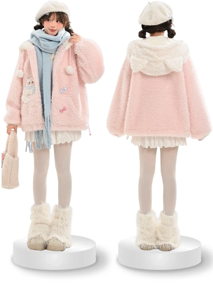 Japanese Sweet Kawaii Cat Embroidered Plush Hoodie Sweatshirt Cute Cat Ear Loose Versatile Thick Warm Parkas Jacket Women Winter