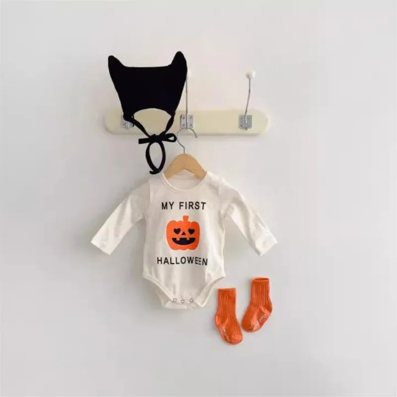 Newborn Baby Boy Girl Cotton Halloween Pumpkin Printed Romper+Hat+Socks Infant Festival Jumpsuit Suit Autumn Party Clothes 3-18M