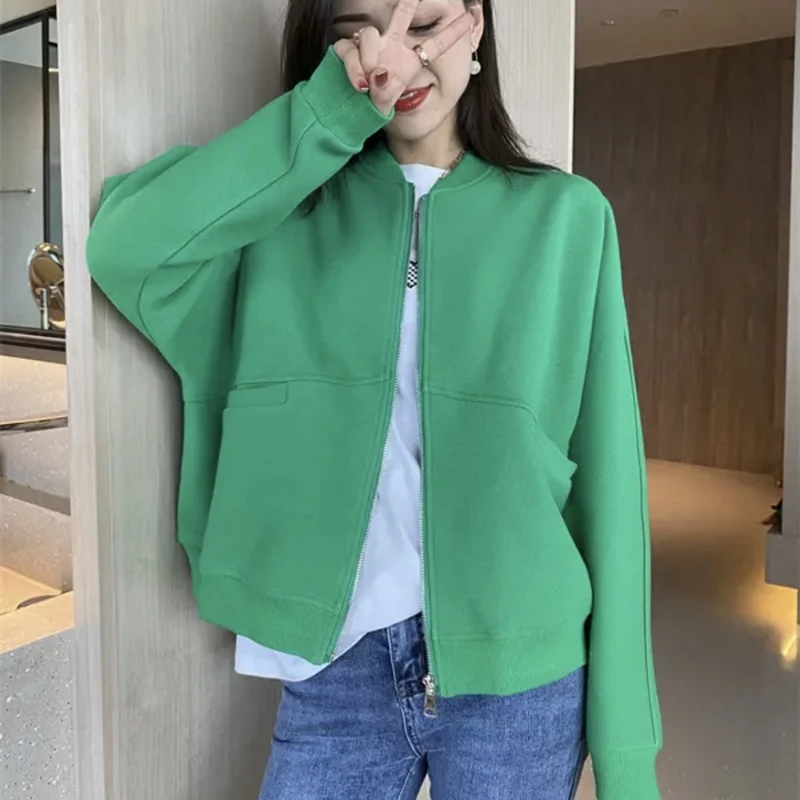 Spring 2023 New Zippered Solid Color Baseball Jacket Sportswear Short Jacket Women\'s Loose Casual Top Cardigan