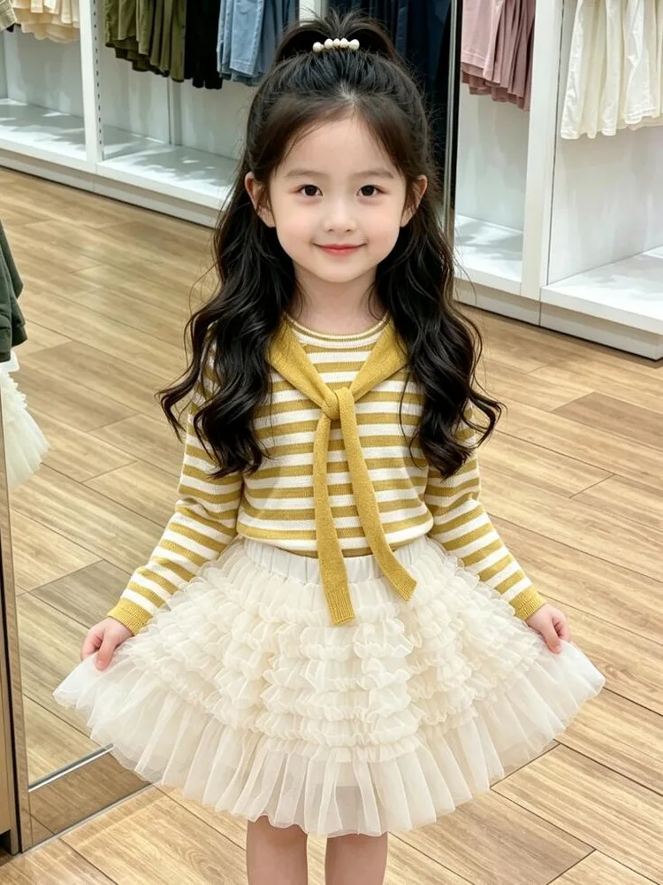 Fashion Girls Striped knitted top New Autumn Children Shawl-style double T-shirts Kids Fashion long-sleeved sweatshirt 1-13Years