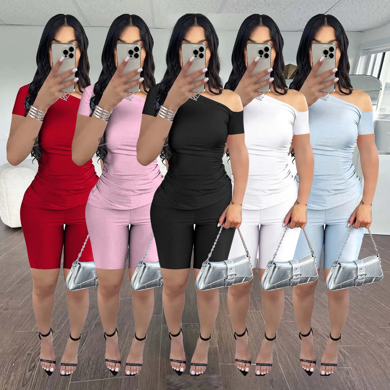 

Summer Elegant Luxury Two Piece Set 2023 Women Clothes Crop Ruffle Top Shirt Suits 2 Piece Short Pant Set Outfits Tracksuits