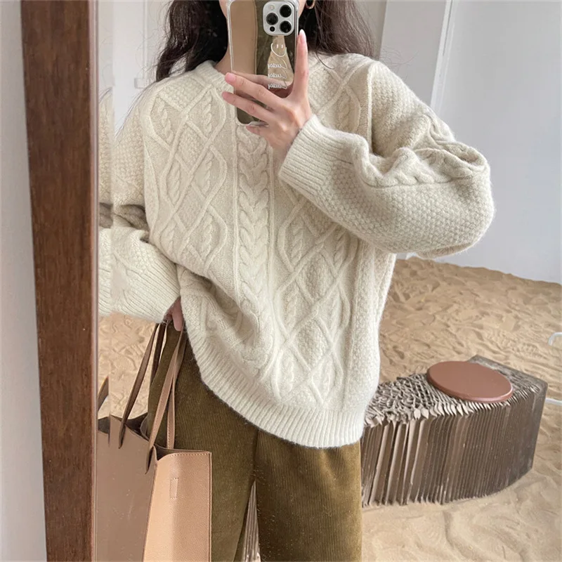 Japan South Korea Station Autumn Winter New Sweet And Gentle Style Round Neck Slim Long Sleeve Pullover Knitted Sweater