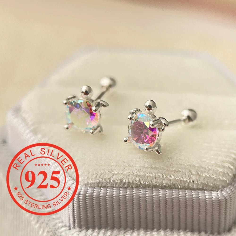 

Cute 925 Sterling Silver Rainbow Color Crystal Turtle Screw Back Stud Earrings For Girls Jewelry Orecchini Aros Arete