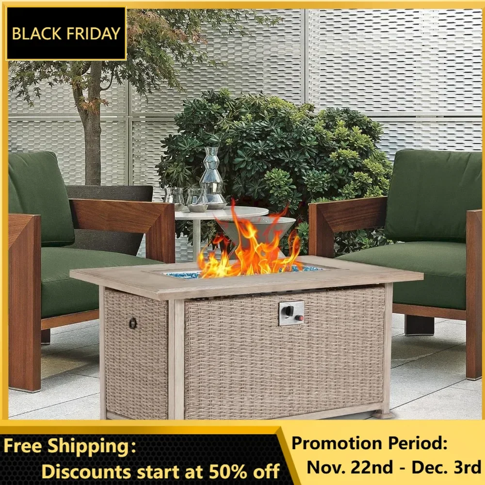 Propane Gas Fire Pit Table, Auto-Ignition Rectangle Firepit with Lid, Flat Tabletop & Blue Glass Rocks PE Rattan, Fire Table