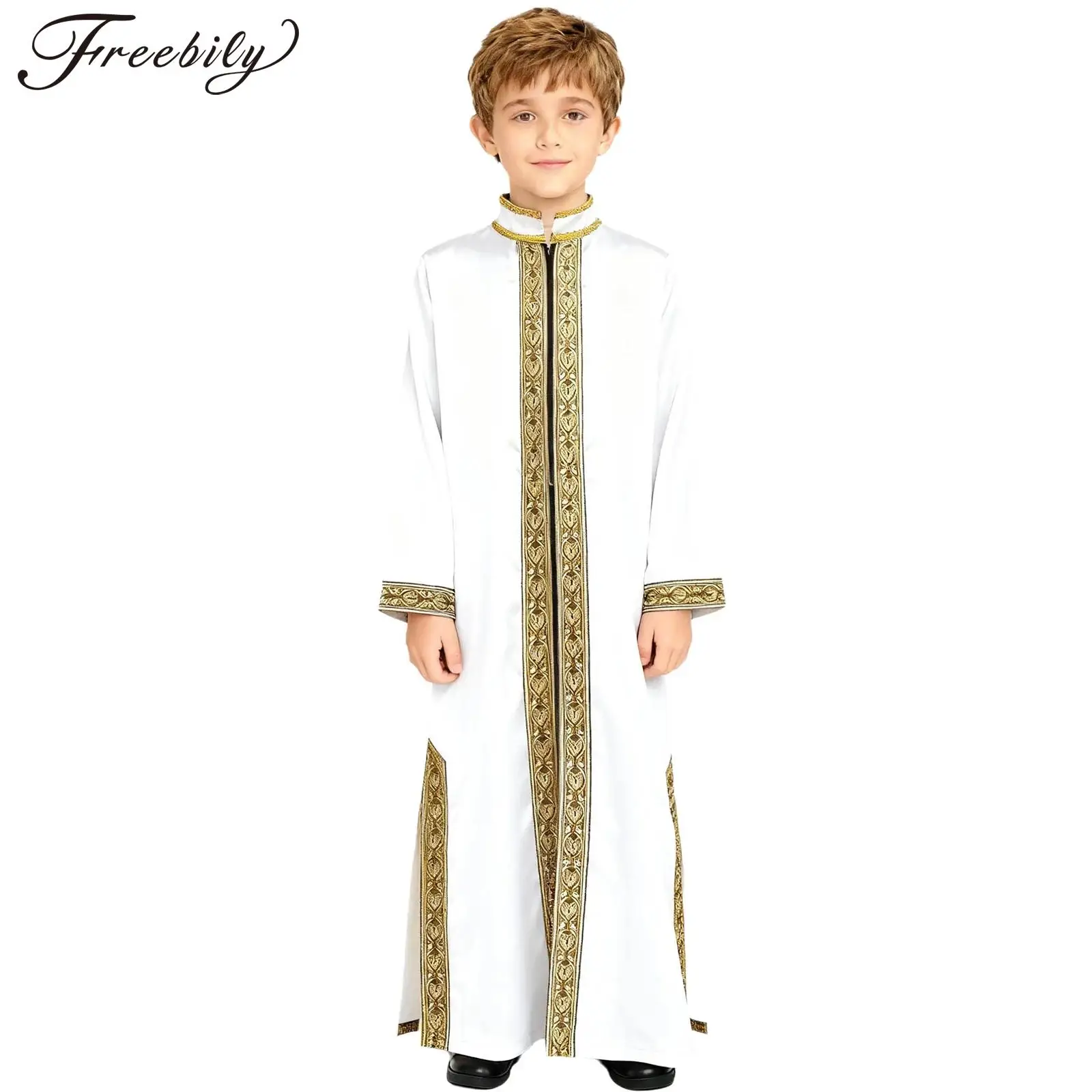 الأولاد الذهب التطريز ماكسي مسلم ثوب قفطان ثوب عربي رداء إسلامي تأثيري طويلة الأكمام معاطف مهرجان عطلة زي
