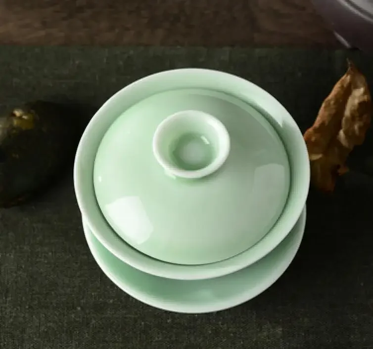 Chinese Celadon Gai Wan Tea Set, Jingdezhen Gaiwan, Jingde Town Ceramic Tea Cup with Lid and Saucer, Lotus Hand Drawing